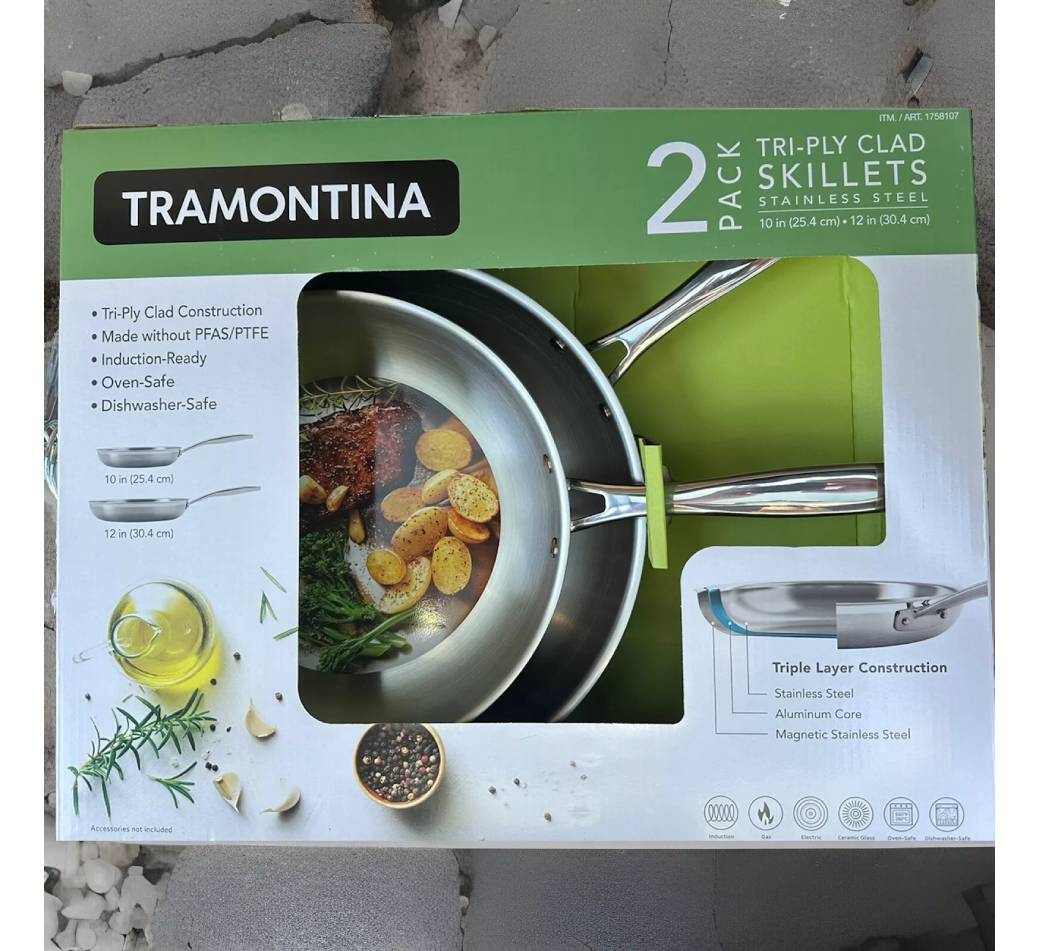 NEW Tramontina Set of 2 Stainless Steel Skillet Induction Oven & Dishwasher Safe