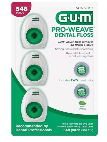 GUM Pro-Weave Woven Dental Floss, Shred Resistant Waxed Floss, Mint Flavored, 3 Count + 2 Travel Units C3