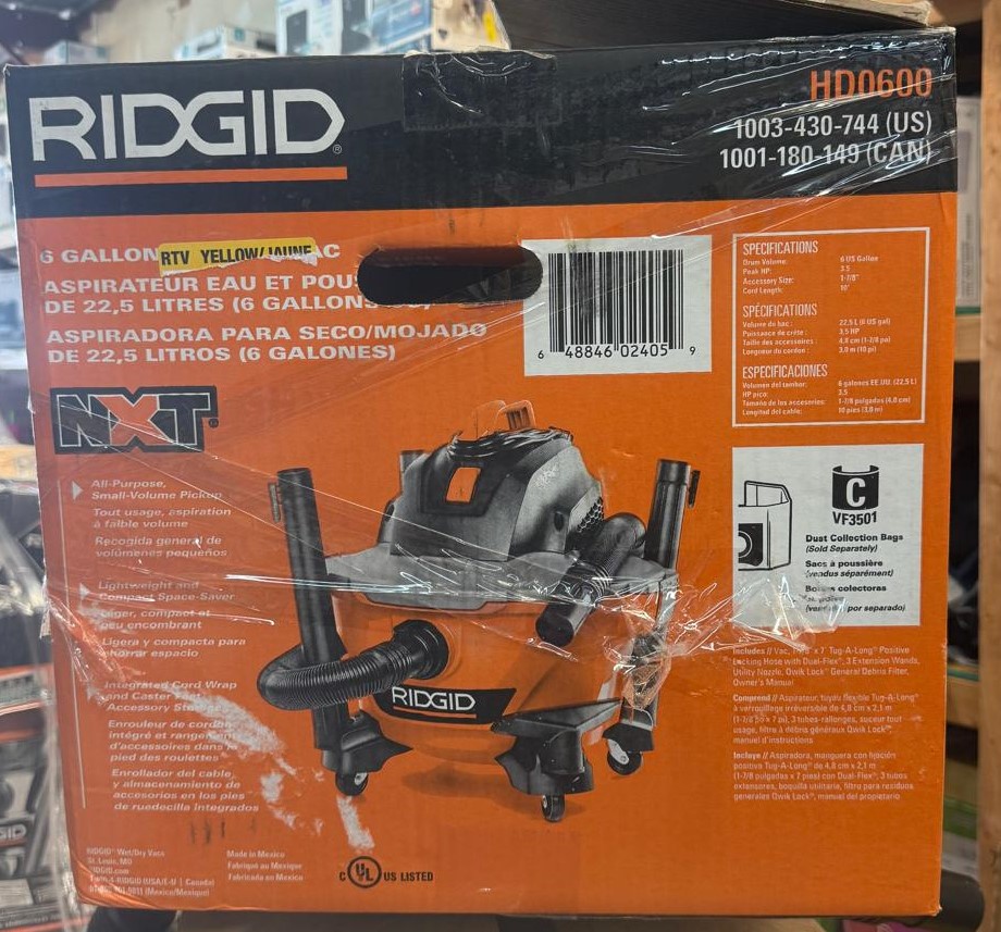 6 Gallon 3.5 Peak HP NXT Shop Vacuum Wet Dry Vac with General Debris Filter, Locking Hose and Accessory Attachments