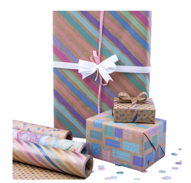 KIRKLAND SIGNATURE DOUBLE SIDED GIFT WRAP 3 PK 1487739, BROWN DOT/BRUSH/STRIPE