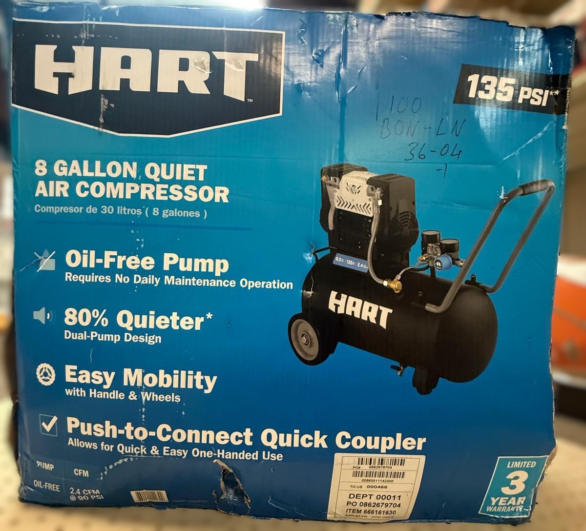 HART 8-Gallon 135 PSI Ultra-Quiet Oil-Free Portable Air Compressor