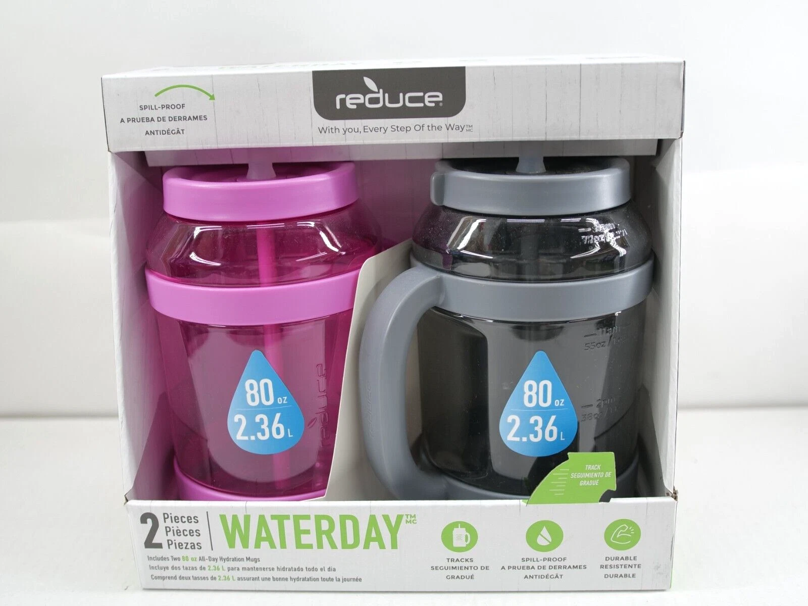 2 Pack Reduce Waterday 80oz All Day Hydration Mug W/ Tracks and Straws