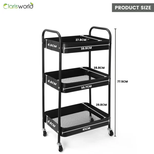 Storage Cart with 3-tier Rolling Utility Trolley with Lockable Wheels and handle - Image 5