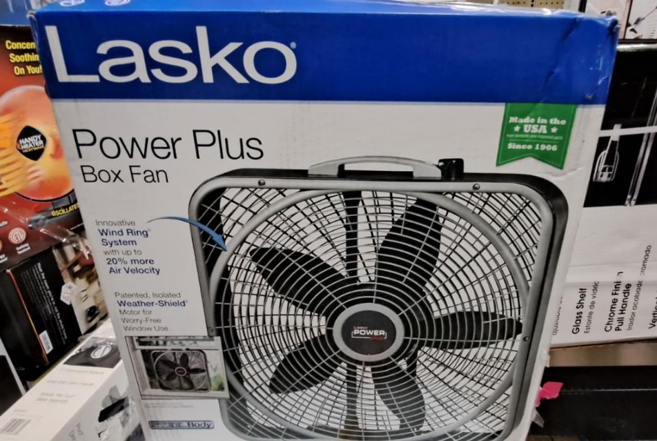 Lasko Power Plus 20 3-Speed Box Fan,Gray,Weather Shield, 2000 CFM, Carry Handle