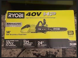 RYOBI 40V brushless 14-inch battery chainsaw with 4.0Ah battery and charger. Lightweight and powerful for outdoor cutting.