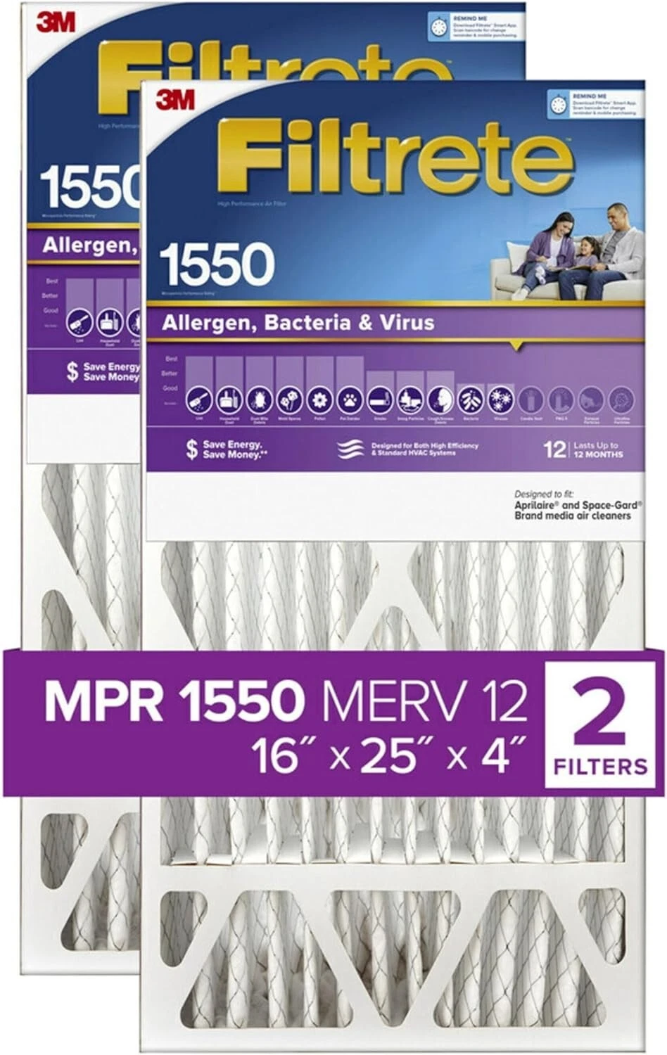 3M Filtrete 16x25x4 Air Filter, MPR 1550, MERV 12 - 2 Filters