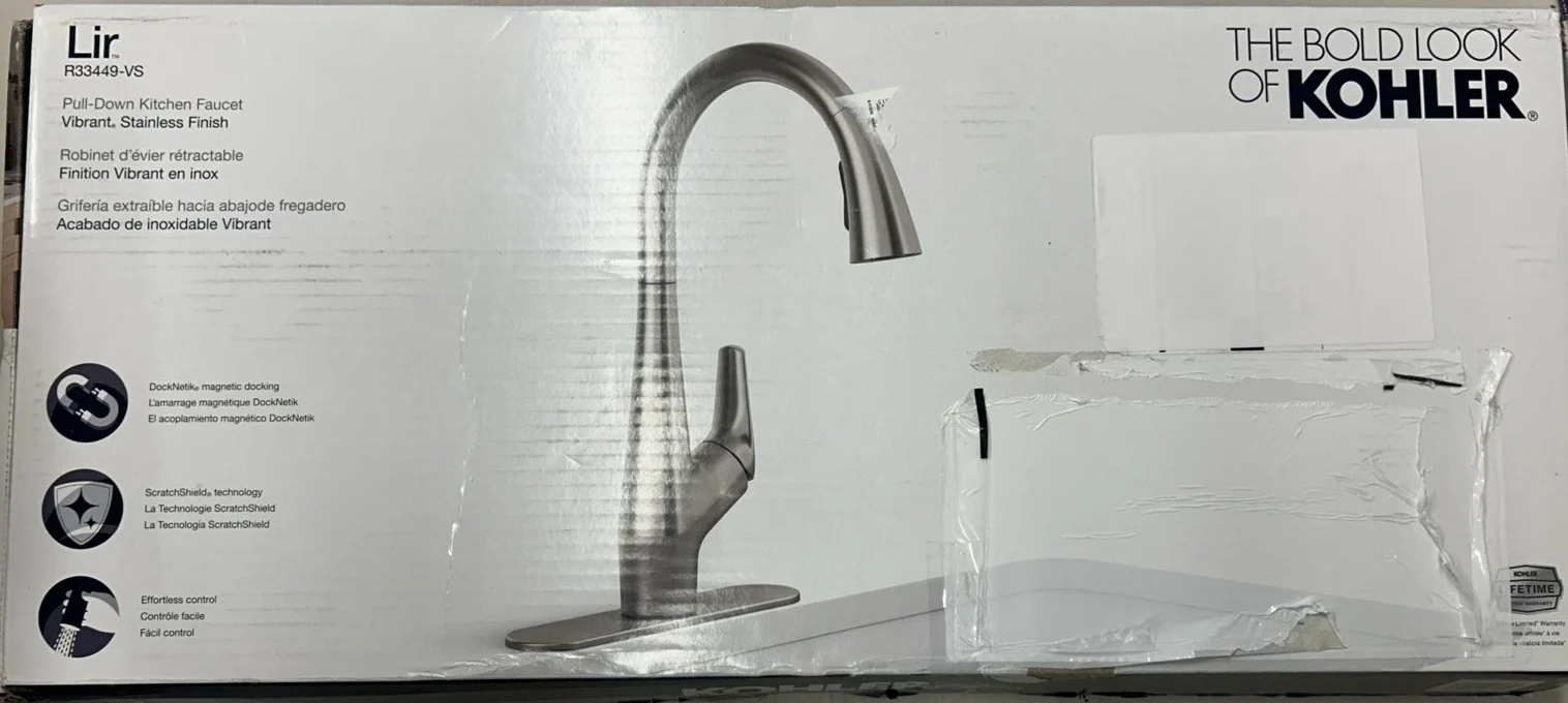Kohler Lir pull-down kitchen faucet in a Vibrant Stainless finish.