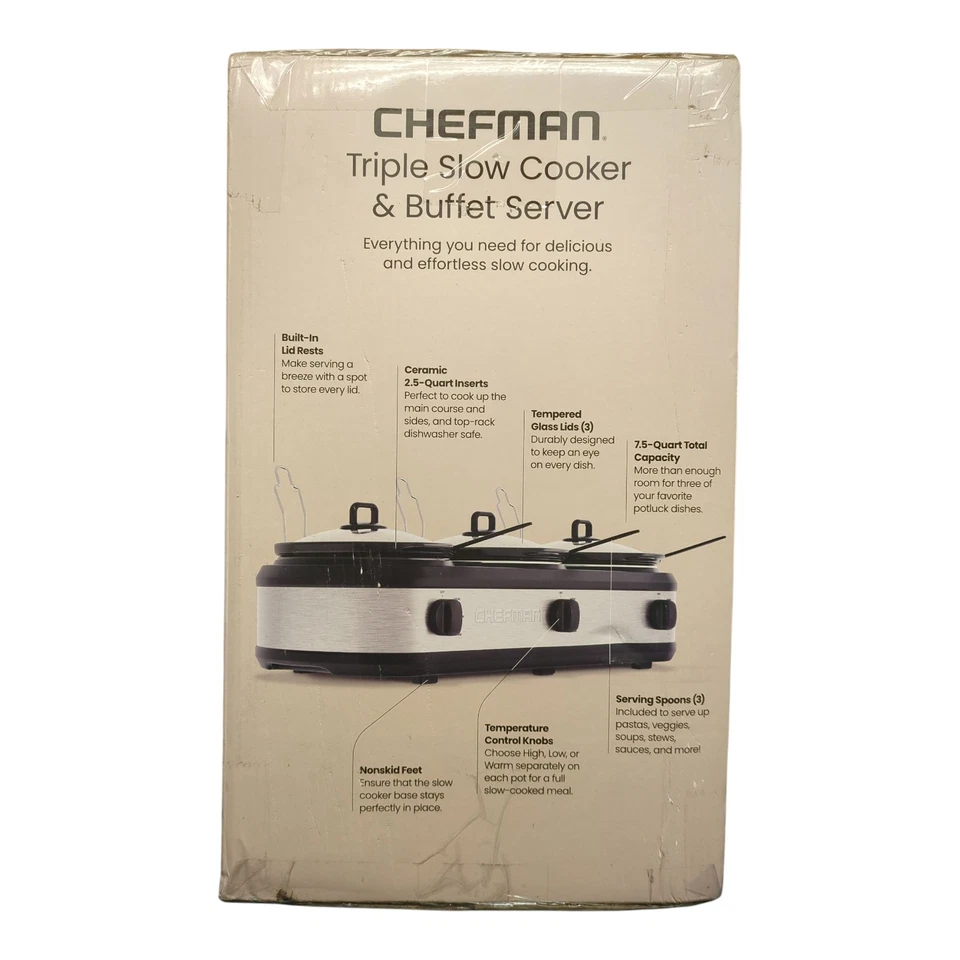 Chefman Stainless Steel Triple Slow Cooker & Buffet Server - Image 2