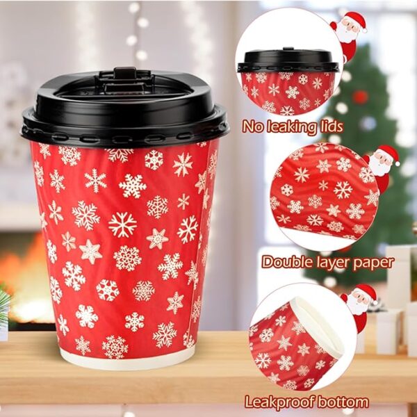 Disposable Holiday Paper Cups with Lids & Black Plastic Utensils Set – Snowflake Buffalo Plaid Design Party Pack
