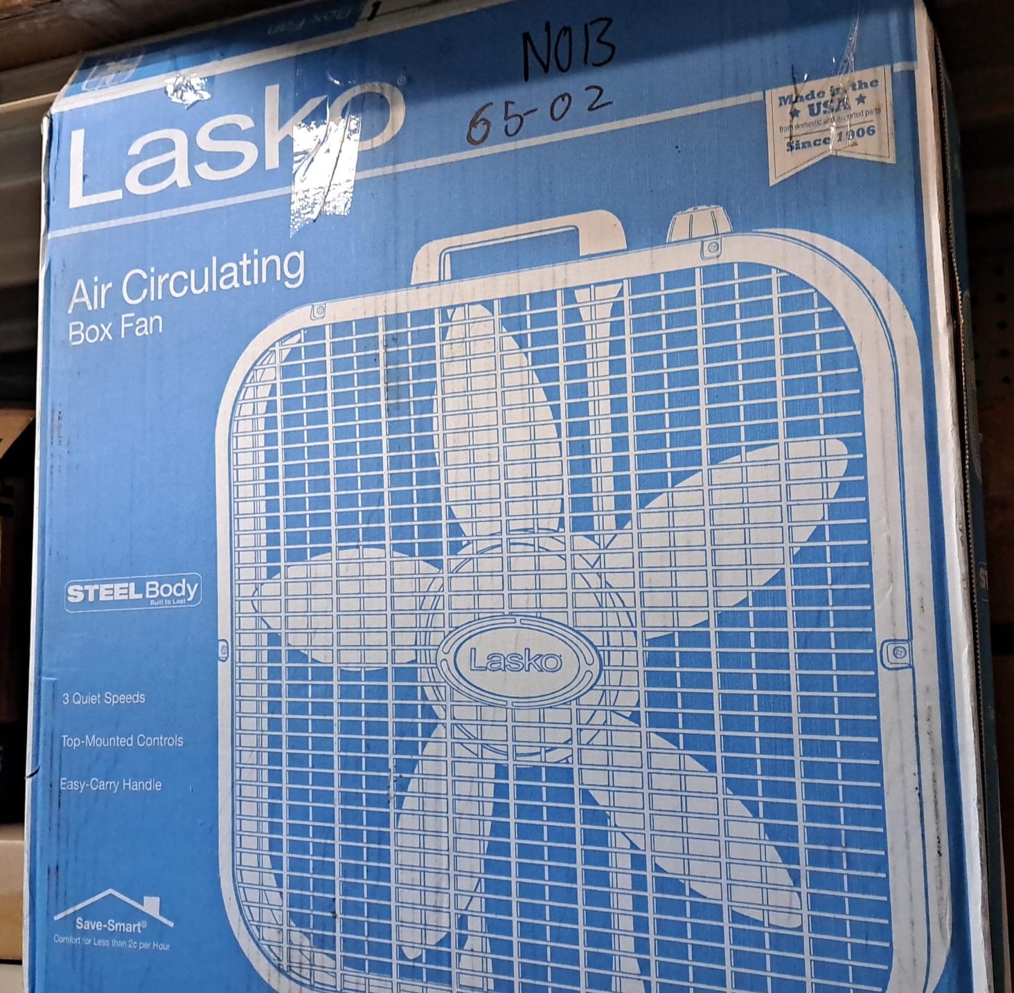 Lasko 20-inch box fan, designed for air circulation