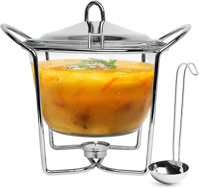 4 Quart Soup Warmer | Soup Tureen for Parties Buffet, Stainless Steel Soup Chafer with Glass Serving Dish and Ladle
