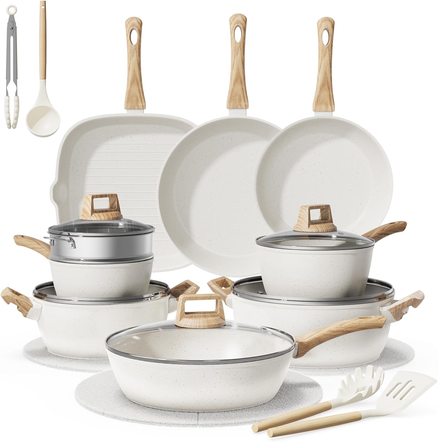 Bazova 24-Piece Pots and Pans Set Non Stick, Titanium-Reinforced Ceramic Cookware Set, Long-Lasting Nonstick,Non Toxic PFAS-Free, Induction Compatible, Complete Kitchen Set for Everyday CookingTouch Operation and 12-Hour Keep Warm, Easy to Use and clean, 1600W, White