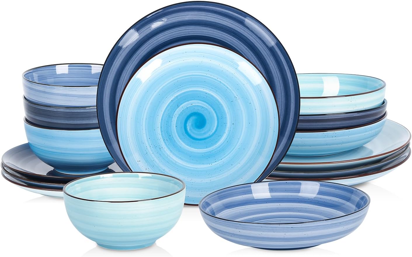 Selamica Ceramic 16-Pieces Dinnerware Set, Ceramic Dishes Set for 4, Kitchen Plates and Bowls Sets, Dinner Plates Set, Spray Black Dots, Gradient Blue