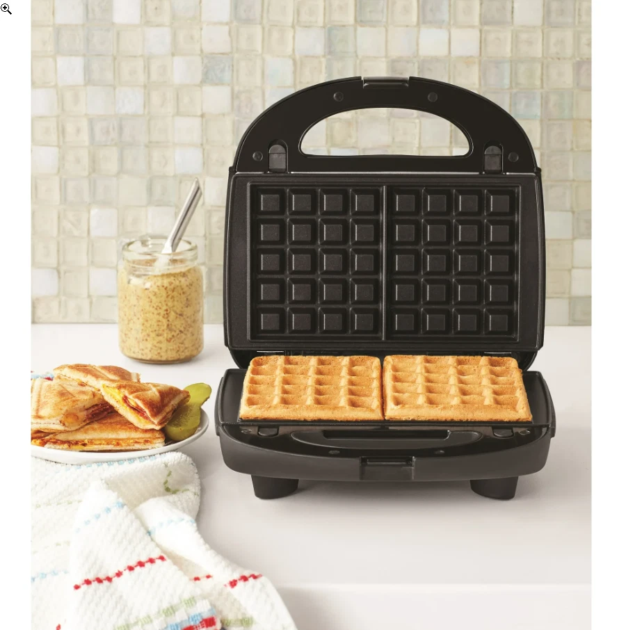 Mainstays Black 2 in 1 Waffle and Sandwich Maker, Nonstick, Removable Plates