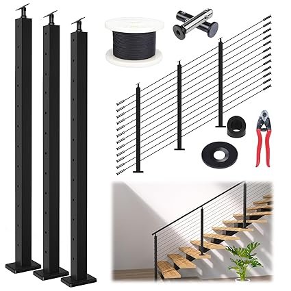 Muzata 5-10FT Modular Black Cable Railing Kit 42 Inch 2 Stair Post Kit Complete Set Cable Railing System for Stairs Length Adjustable Easy DIY with Paper User Guide (No Handrail) RWS1 BA4L