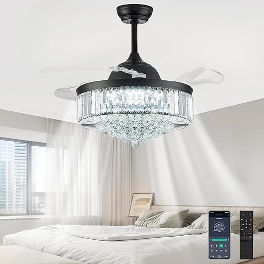 Deliyfans 48 Inch Fandelier Ceiling Fans with Light, Chandelier Ceiling Fan, Retractable Ceiling Fan for Bedroom, Living Room, 3 Color Change, LED Dimmable, 6 Speeds, Reversible DC Motor- Black - Image 2