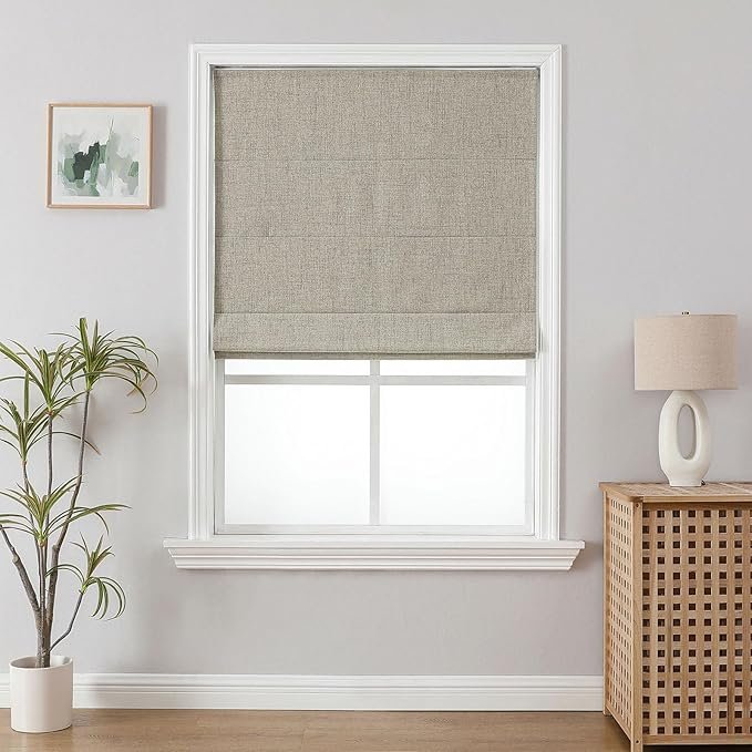 Joydeco Cordless Roman Shades, Linen Fabric Window Blinds, Thermal Insulated Blackout Blinds, Room Darkening Shades for Indoor Windows, Easy to Install, 34 W×75 H, Linen