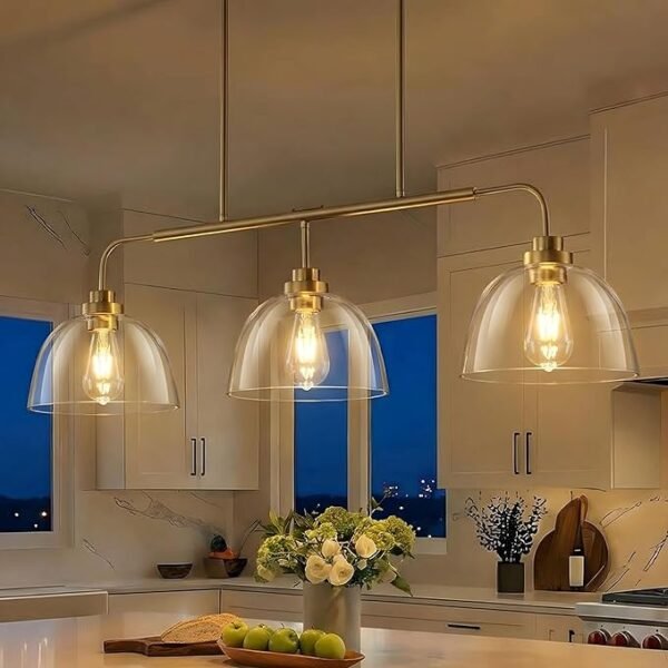 Dining Room Light Fixtures over Table, Large Kitchen Island Lights Modern Farmhouse Chandelier Vintage Brushed Gold Rectangle Chandelier Light Fixture with 3 Big Clear Glass Dome,Height Adjustable Visit the GoYeel Store