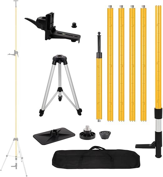 12 Ft+1.7Ft/3.6M+0.6M Professional Lasers Level Pole with Tripod, Adjustable Telescoping Pole for Leveling Tools, Multi-functional Fine-tuning Bracket with 1/4” and 5/8” Thread Adapters, Includes Bag