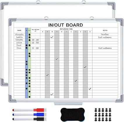 Lincia in and Out Magnetic Dry-Erase Board 18 x 24 Aluminum Framed White Board with Lines 24 Names with Magnetic Dry-Erase Marker, Eraser, and 26 Magnets Wall-Mounted for Office Employee