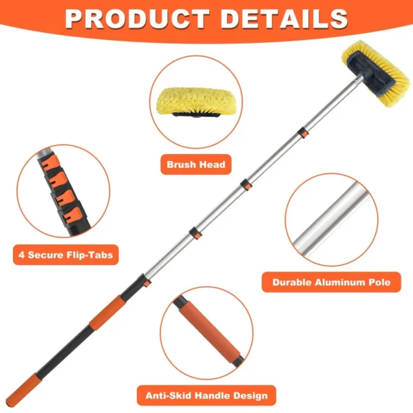 12FT Car Wash Brush with Long Handle, Car Cleaning Brush with 12 Soft Bristle and 12 Hard Bristle, 3-12Ft Telescopic Pole for Scratch-Free Cleaning Truck,RV, Boats,House Siding,Floors,Solar Panels