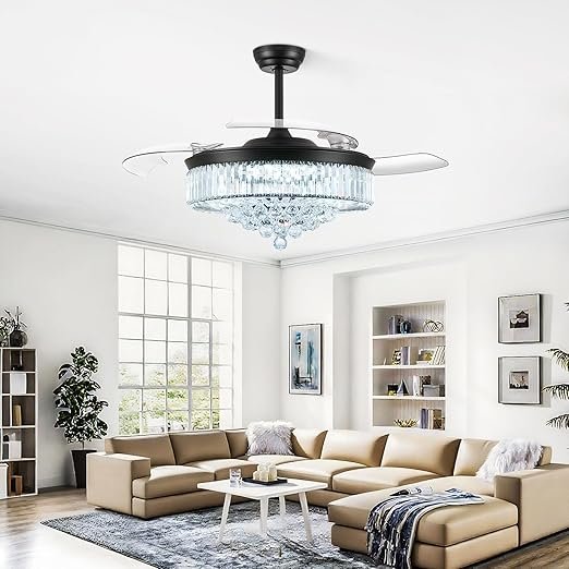 Deliyfans 48 Inch Fandelier Ceiling Fans with Light, Chandelier Ceiling Fan, Retractable Ceiling Fan for Bedroom, Living Room, 3 Color Change, LED Dimmable, 6 Speeds, Reversible DC Motor- Black
