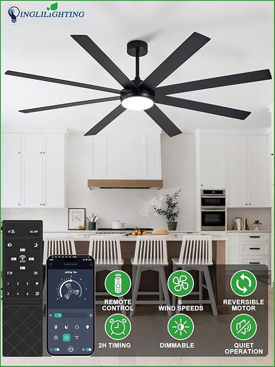 DLLT Large Ceiling Fans with Lights: 72in Modern Indoor/Outdoor Ceiling Fan for Living Room Patio - Black Ceiling Fans with Remote APP Control 8 Blades Reversible Quiet DC Motor Timer 6 Speeds 3 CCT - Image 3