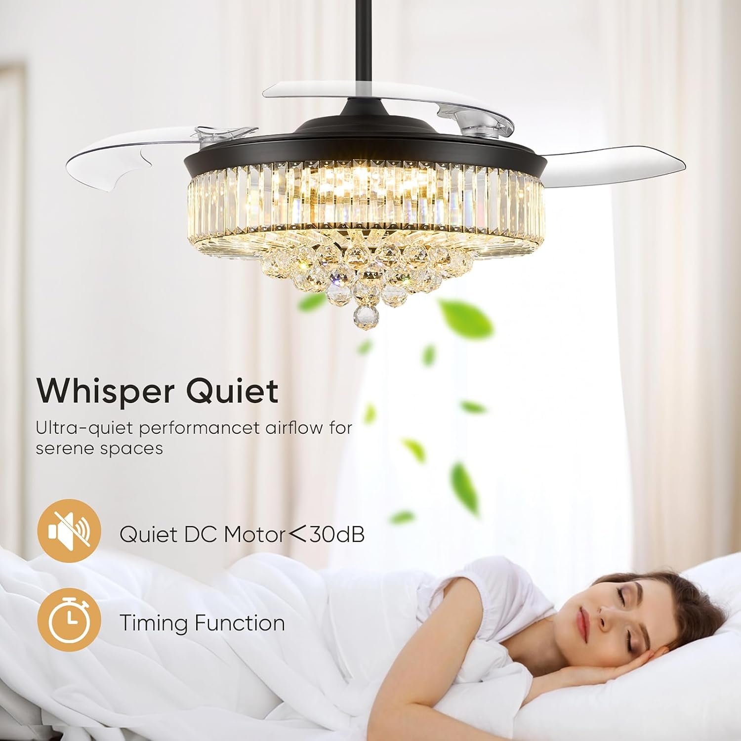 Deliyfans 48 Inch Fandelier Ceiling Fans with Light, Chandelier Ceiling Fan, Retractable Ceiling Fan for Bedroom, Living Room, 3 Color Change, LED Dimmable, 6 Speeds, Reversible DC Motor- Black - Image 4