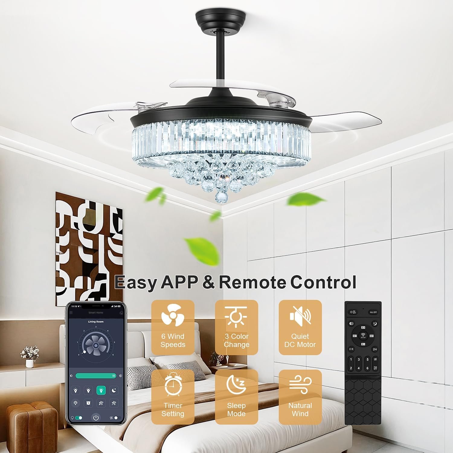 Deliyfans 48 Inch Fandelier Ceiling Fans with Light, Chandelier Ceiling Fan, Retractable Ceiling Fan for Bedroom, Living Room, 3 Color Change, LED Dimmable, 6 Speeds, Reversible DC Motor- Black - Image 5