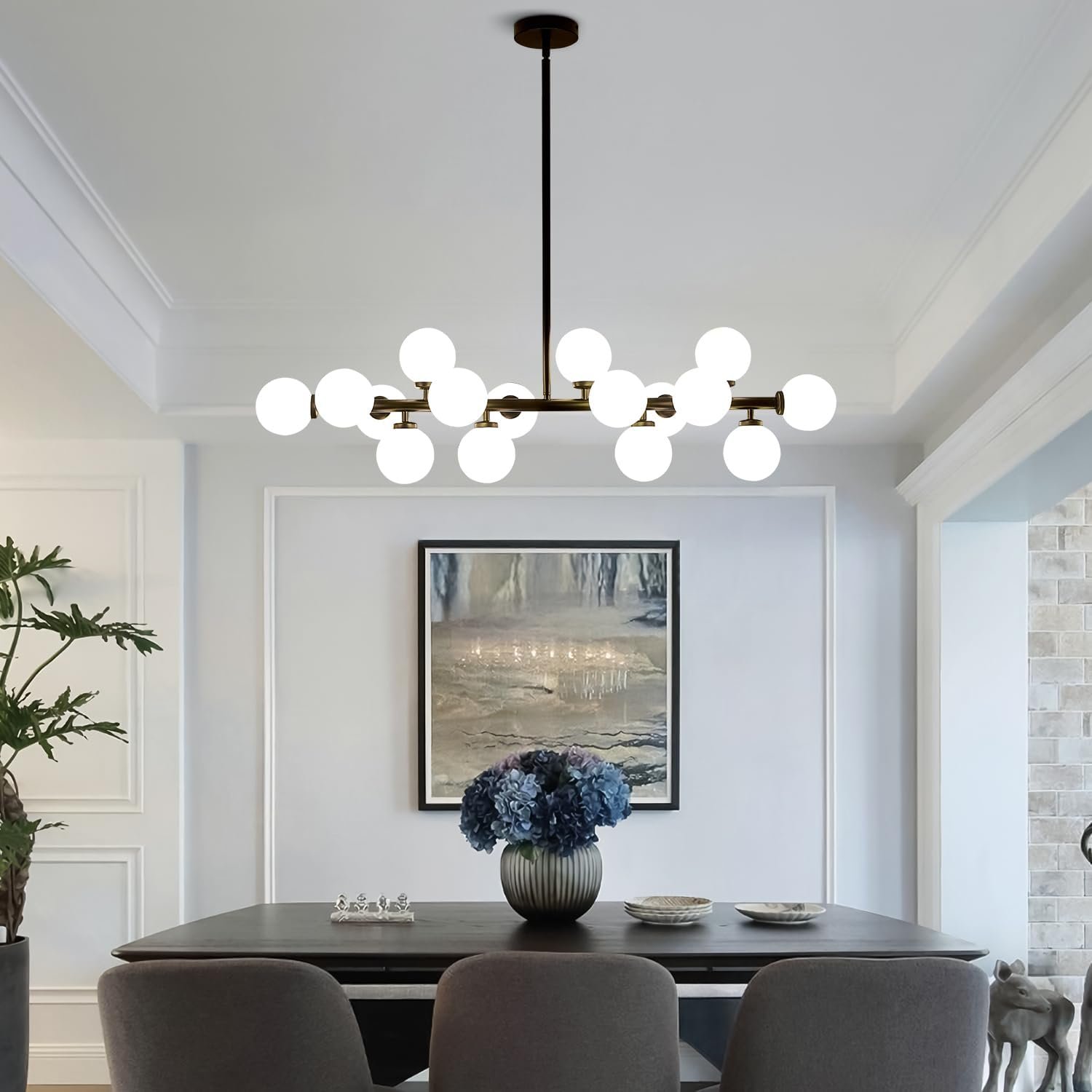 CROSSIO Modern Linear Chandeliers Black 16 Lights Pendant Light Fixtures Bubble Glass Chandelier Mid Century Sputnik Chandelier for Kitchen Island Dining Room - Image 7
