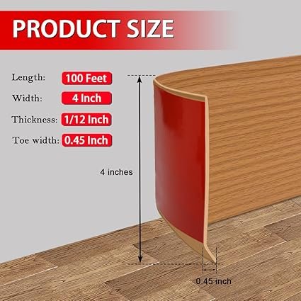 Vinyl Wall Base Baseboard Molding Trim 4" Flexible Self Adhesive Rubber Wall Base Moulding Trim Peel and Stick Design, 4 Inch x 100 Feet, Yellow Wood - Image 2