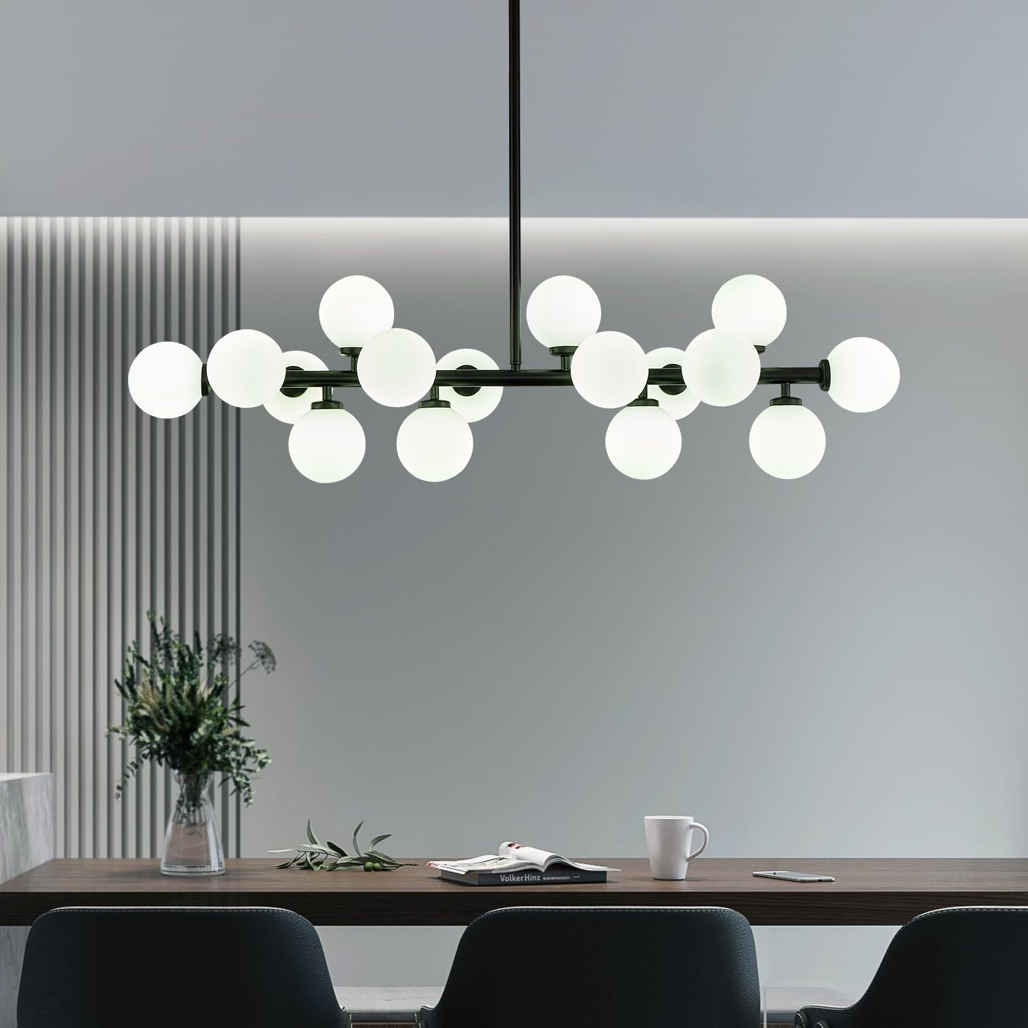 CROSSIO Modern Linear Chandeliers Black 16 Lights Pendant Light Fixtures Bubble Glass Chandelier Mid Century Sputnik Chandelier for Kitchen Island Dining Room - Image 2