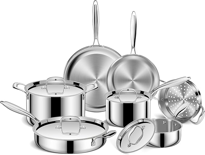 EWFEN 3-Ply 11-Piece Stainless Steel Cookware Set – Non-Toxic, Induction Compatible Pots and Pans Set, Durable Kitchen Cookware for Home & Professional Use