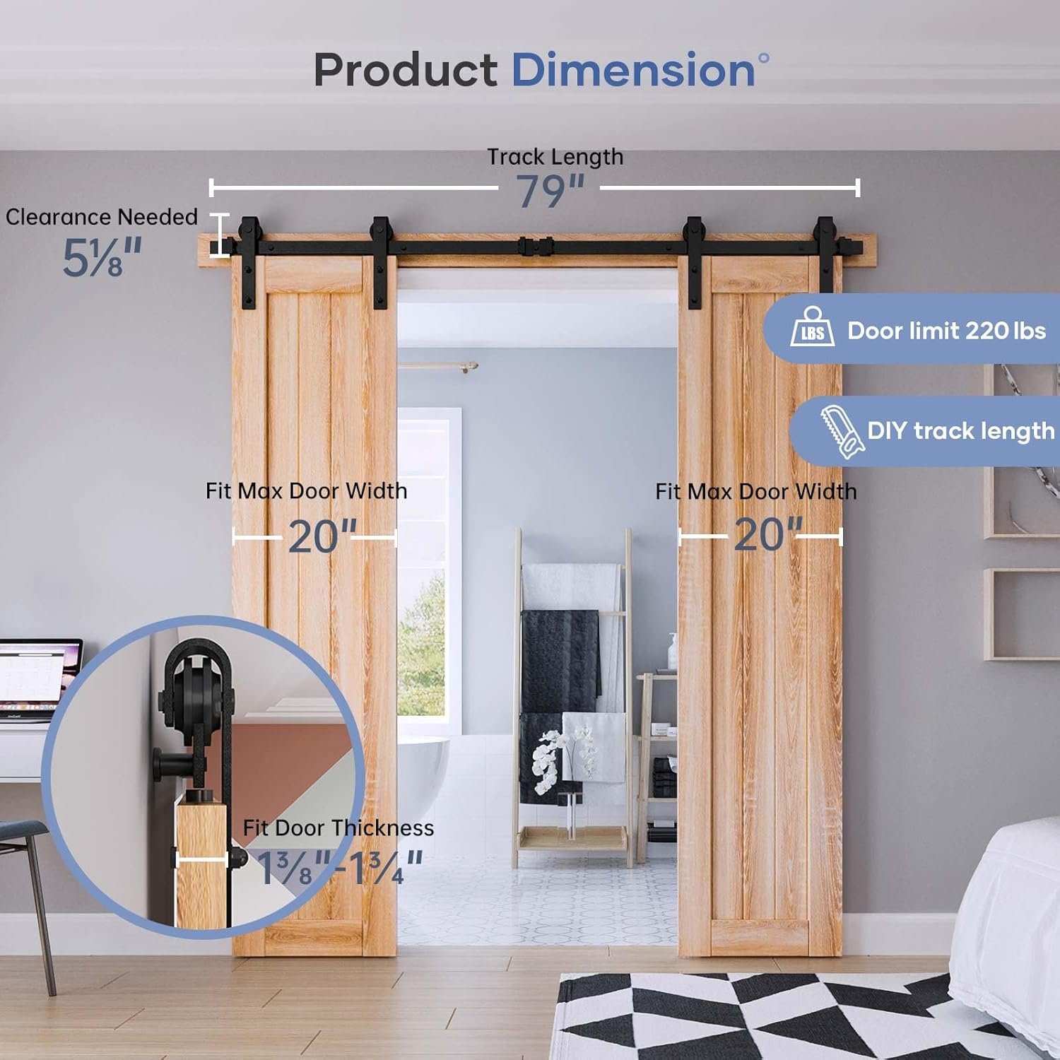 EaseLife 6.6 FT Double Door Sliding Barn Door Hardware Track Kit,Basic J Pulley,Heavy Duty,Slide Smoothly Quietly,Easy Install (6.6FT Track Kit for Double 20" Wide Door) - Image 2