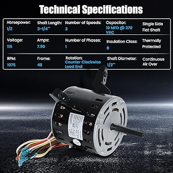 5KCP39LGV569BS Blower Fan Motor, HC43TE113 Blower Motor, 1/2 HP 115V 1075RPM 3SPD, Compatible with GE Genteq Bryant Payne Carrier HC43TE113, HC43TE113A, HB43TR113, 5KCP39LGSA06S - Image 6
