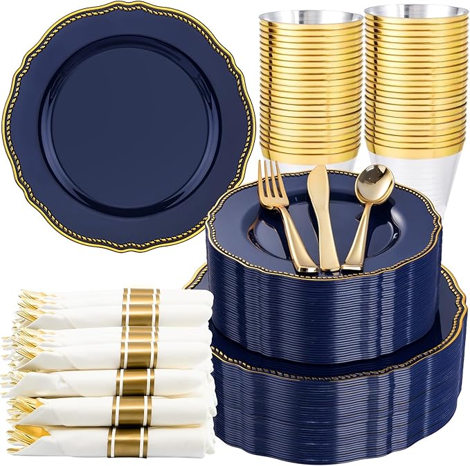 Blue Dinnerware Set Includes 50 Dinner Plates, 50 Dessert Dinnerware, 50 Cups, 50 Rolled Napkin