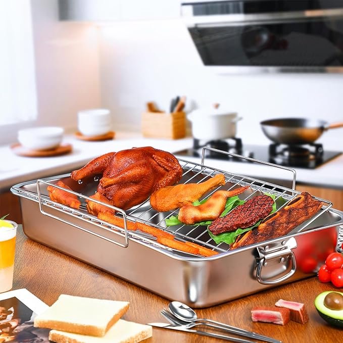 Teenyyou Extra Large Turkey Roaster – Stainless Steel Roasting Pan w/ Rack 23.6" - Image 4