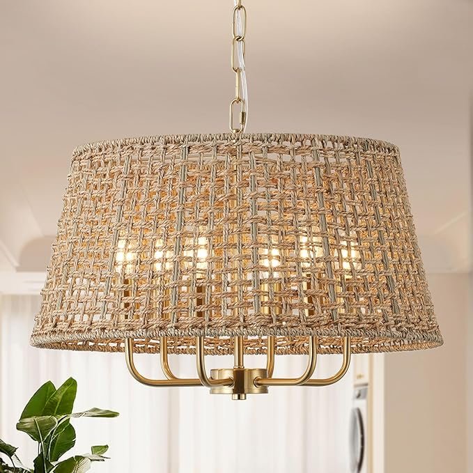 Giutna 20" Rattan Large Boho Chandelier Ceiling Light Fixture, 6-Light Farmhouse Wicker Hand-Woven Chandelier Rattan Ceiling Pendant Light Fixture for Dining Room Bedroom Hallway Kitchen Island(Gold)