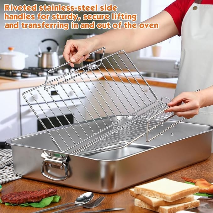 Teenyyou Extra Large Turkey Roaster – Stainless Steel Roasting Pan w/ Rack 23.6" - Image 2