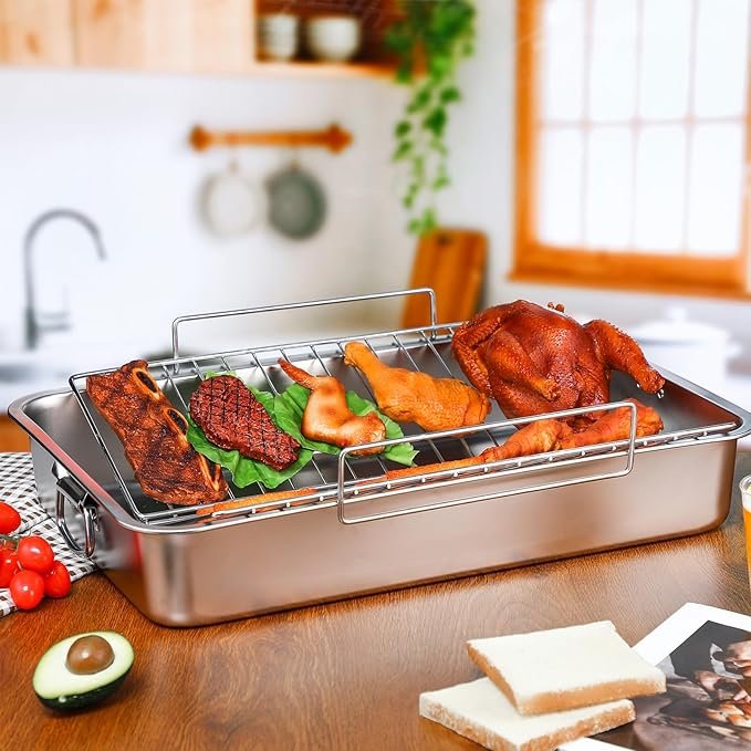 Teenyyou Extra Large Turkey Roaster – Stainless Steel Roasting Pan w/ Rack 23.6" - Image 3