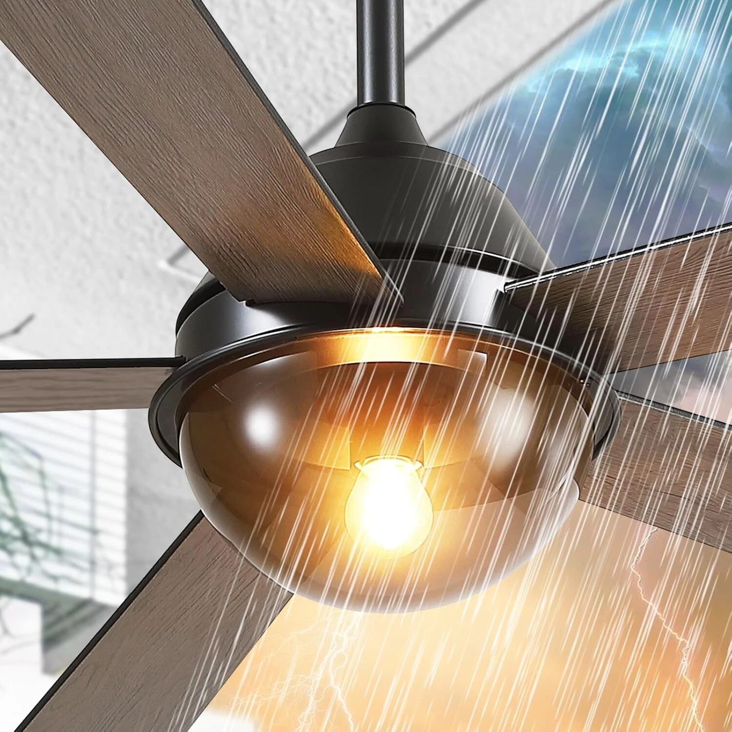 Asyko 52" Ceiling Fan with Lights and Remote - Indoor/Outdoor Ceiling Fans, Waterproof for Patios, Gazebos, and Backyards - Wet Rated, Quiet, 6-Speed, 3-Color Lighting, Farmhouse Modern Style