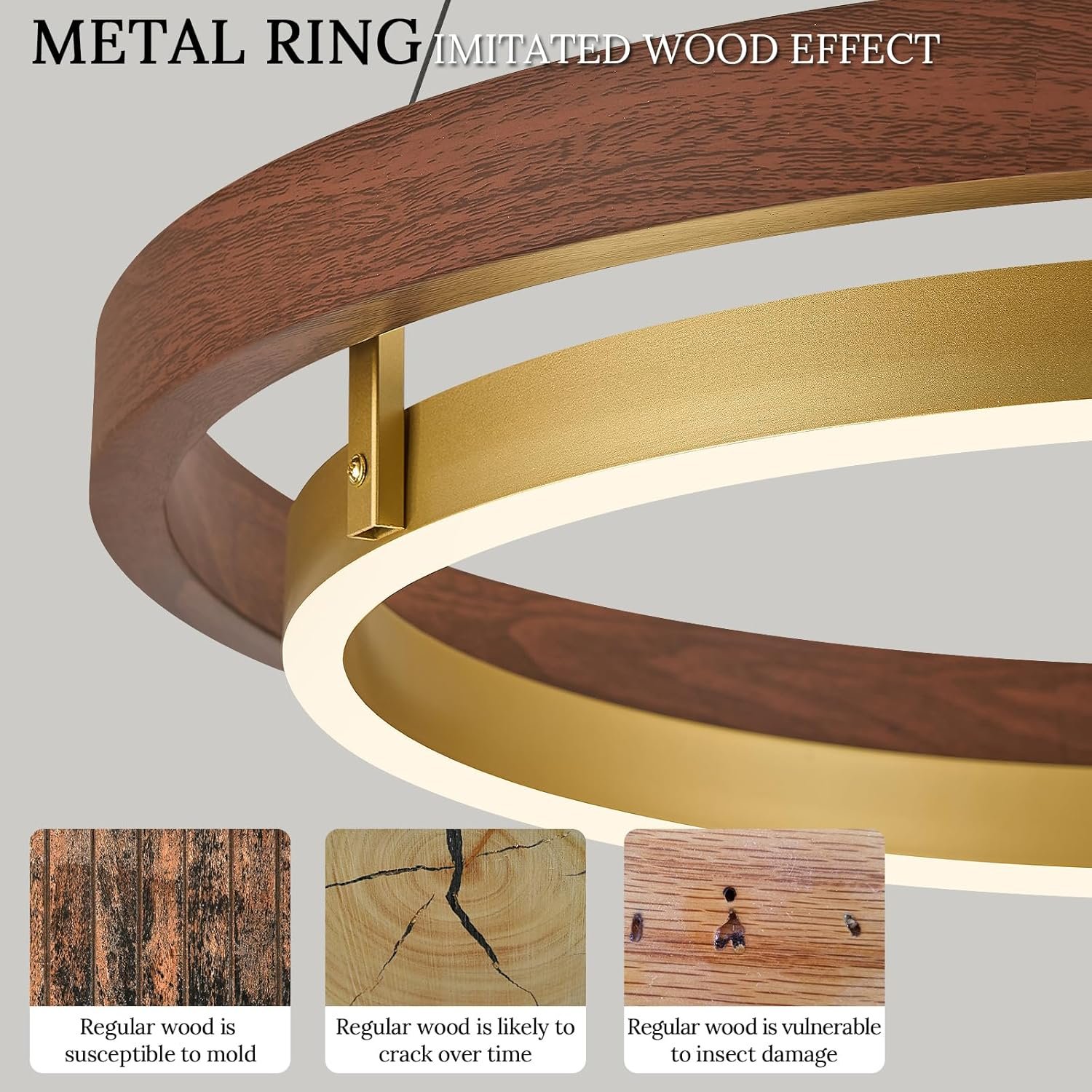 CaraLuxe LED Ring Chandelier Dimmable Gold Chandelier Round Foyer Chandeliers Light Mahogany Wood Printed Circular Chandeliers for Dining Room Entry Bedroom Office Living Room, 24in - Image 3