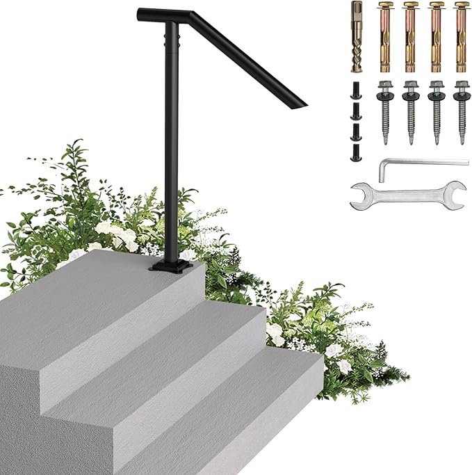 Handrails for Outdoor Steps, Single Post Wrought Iron Handrail for 1, 2, 3 Step, Outdoor Stair Rail Handrails with DIY Took Kit, 37 H Black Hand Rail Powder Coating for Concrete Steps or Wood Stairs
