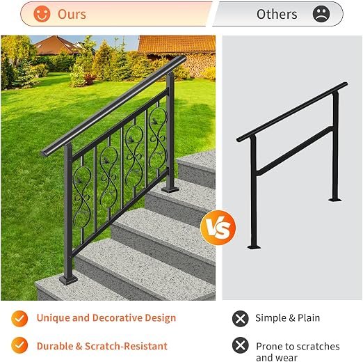 Lsiron 4 Step Handrails for Outdoor Steps, Adjustable Black Wrought Iron Railing for Stairs with Unique Pattern Design, Fits Porches, Concrete, and Wooden Steps - Image 3