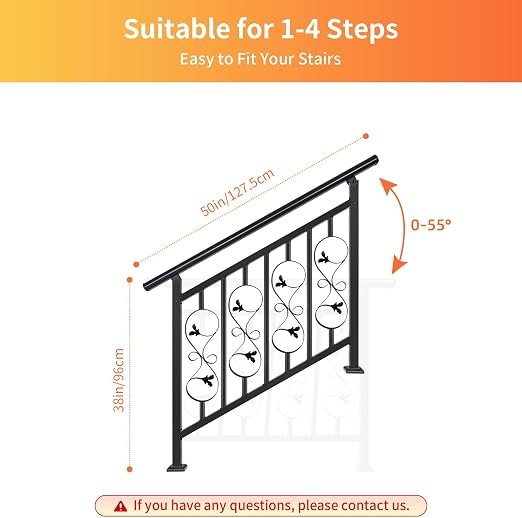 Lsiron 4 Step Handrails for Outdoor Steps, Adjustable Black Wrought Iron Railing for Stairs with Unique Pattern Design, Fits Porches, Concrete, and Wooden Steps - Image 4