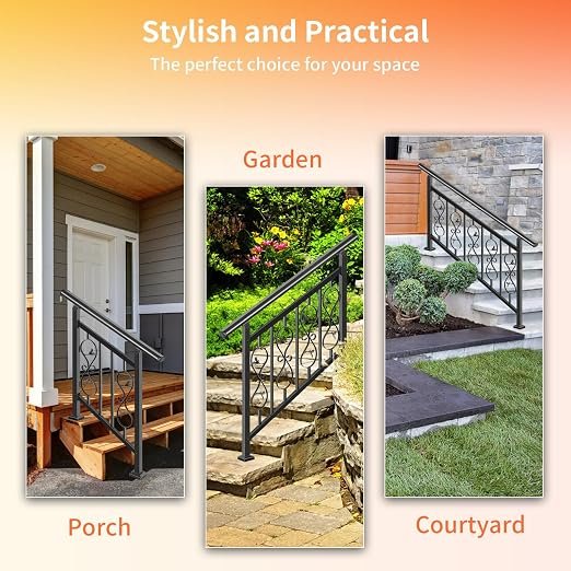 Lsiron 4 Step Handrails for Outdoor Steps, Adjustable Black Wrought Iron Railing for Stairs with Unique Pattern Design, Fits Porches, Concrete, and Wooden Steps - Image 5