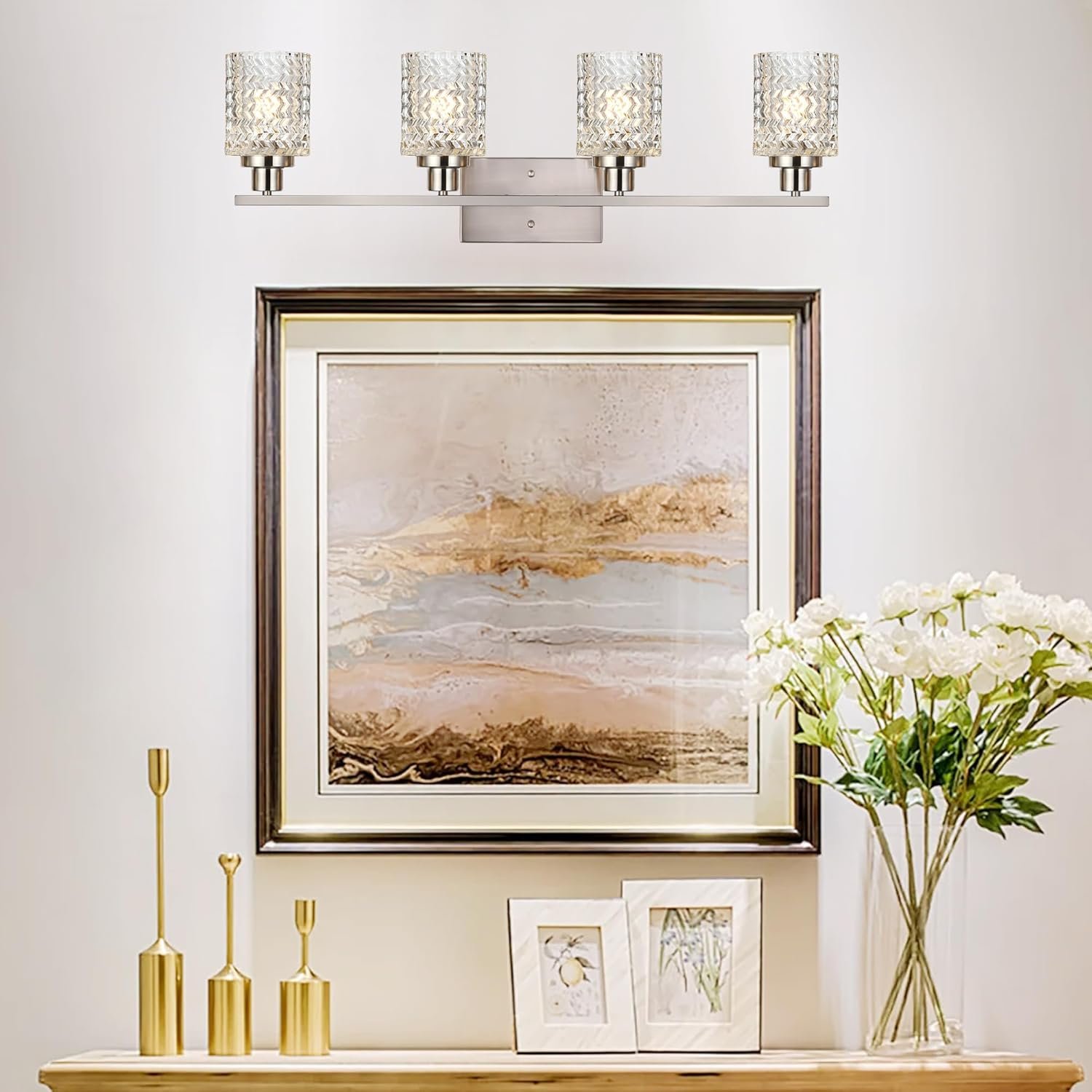 MELUCEE 4 Lights Brushed Nickel Vanity Light Modern Bathroom Light Fixtures with Hammered Glass Shade, Indoor Metal Wall Lights for Powder Room Hallway Kitchen, E26 Base - Image 2