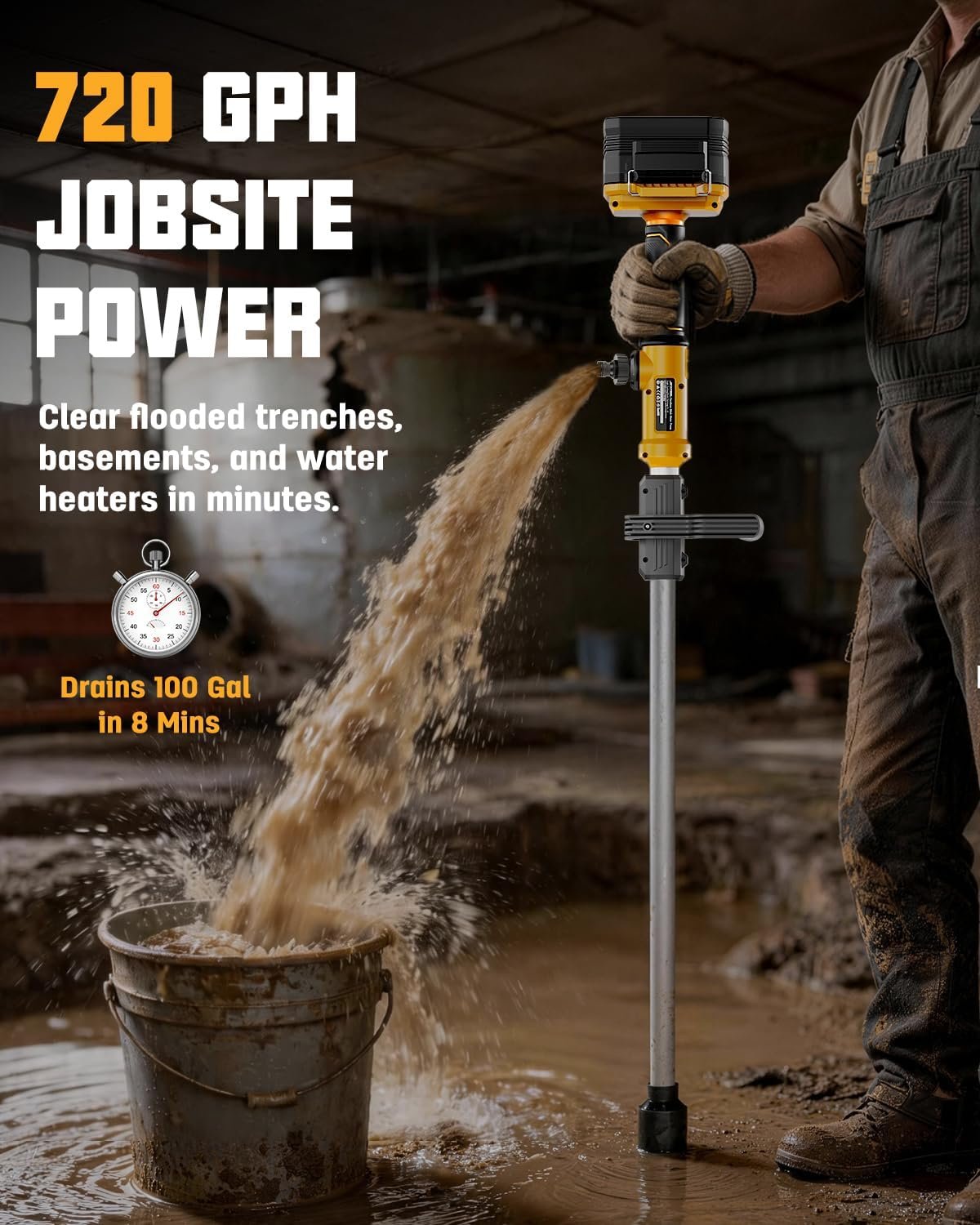 Cordless Stick Water Transfer Pump Compatible with DeWalt 20V Max Battery (Tool Only), 720 GPH Portable Electric Utility Pump with 32FT Lift, Brushless Sump Pump for Pool, Garden, Pond, RV and Boat - Image 4