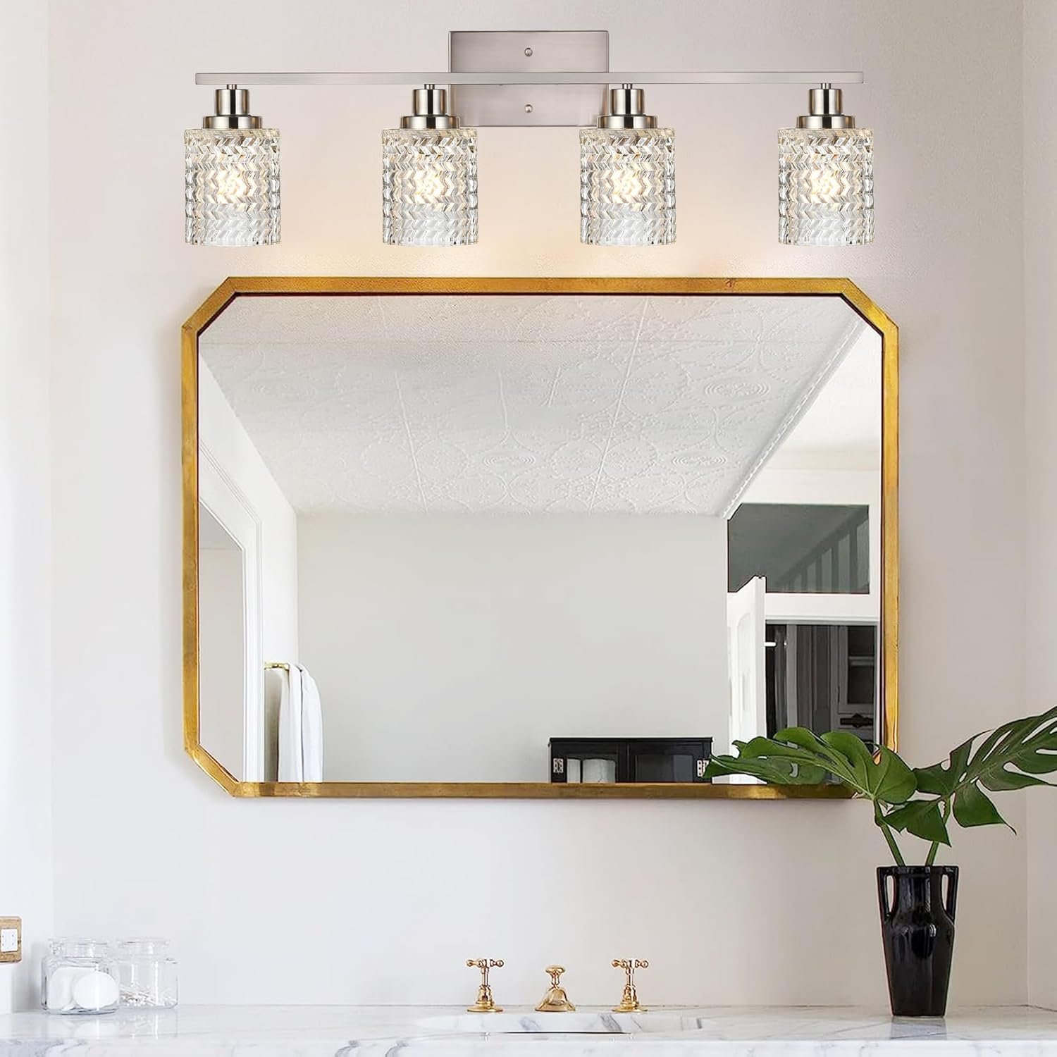 MELUCEE 4 Lights Brushed Nickel Vanity Light Modern Bathroom Light Fixtures with Hammered Glass Shade, Indoor Metal Wall Lights for Powder Room Hallway Kitchen, E26 Base - Image 6