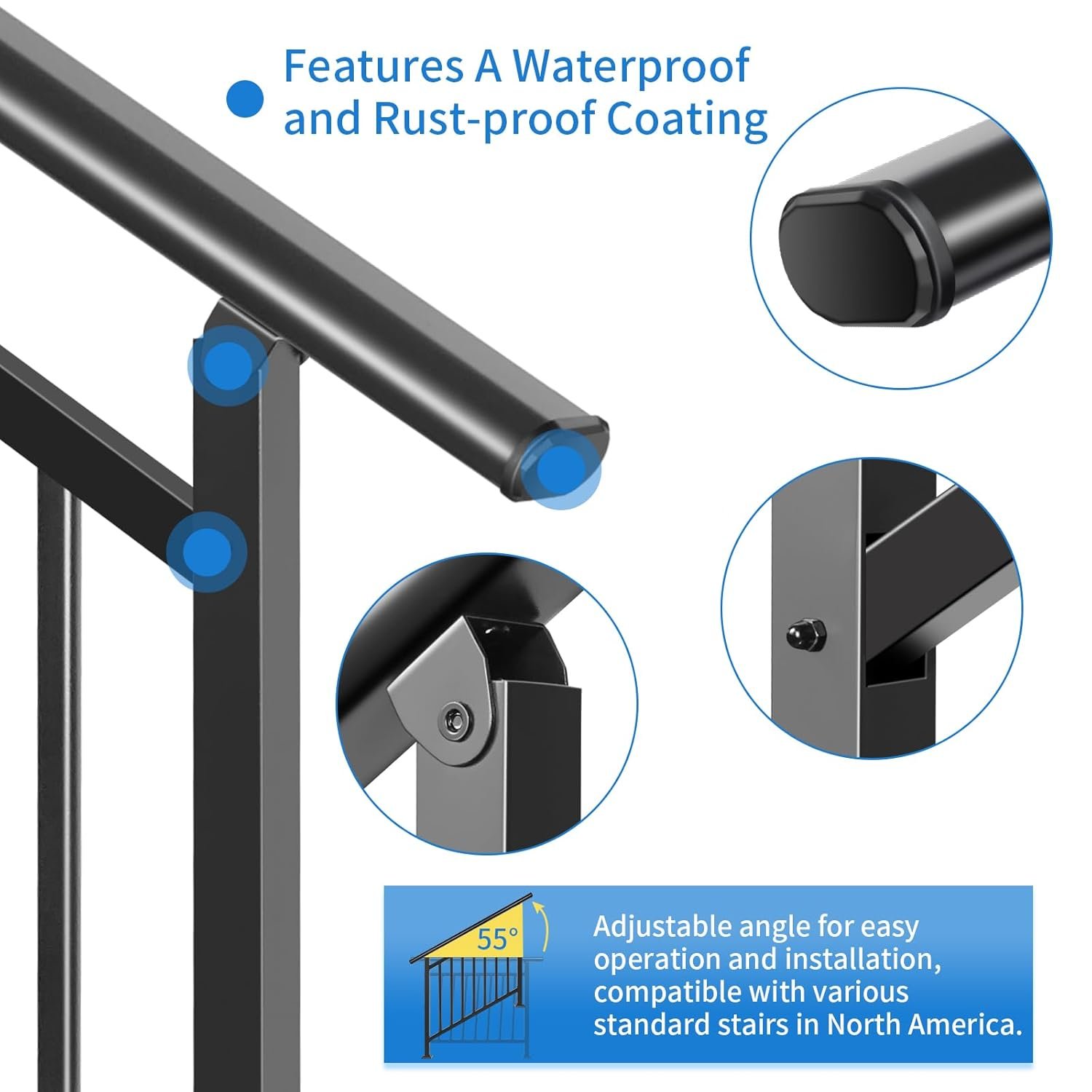 Bobolish Upgrade Handrails for Outdoor Steps, Adjustable 4 Step Stair Railing Kit, Easy DIY Installation Kit Included, Black Wrought Iron Hand Rails for Outdoor Steps, 2 in 1 Stair&Horizontal Railing - Image 4